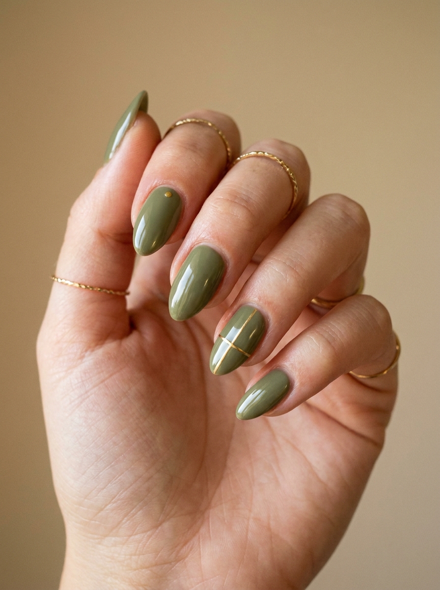 Olive and Gold Accent Nails als olivgrüne Herbstmaniküre 2026